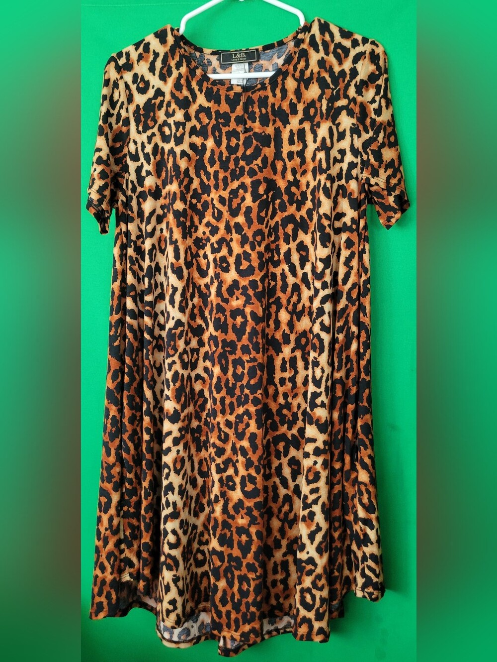 L&B Leopard Animal Print Short Sleeve Dress Black Brown Sz M Stretchy Women